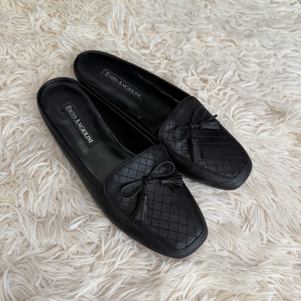 Enzo Angiolini Black Leather Quilted Tassel Mules Women’s Size 6.5 Y2K elegant